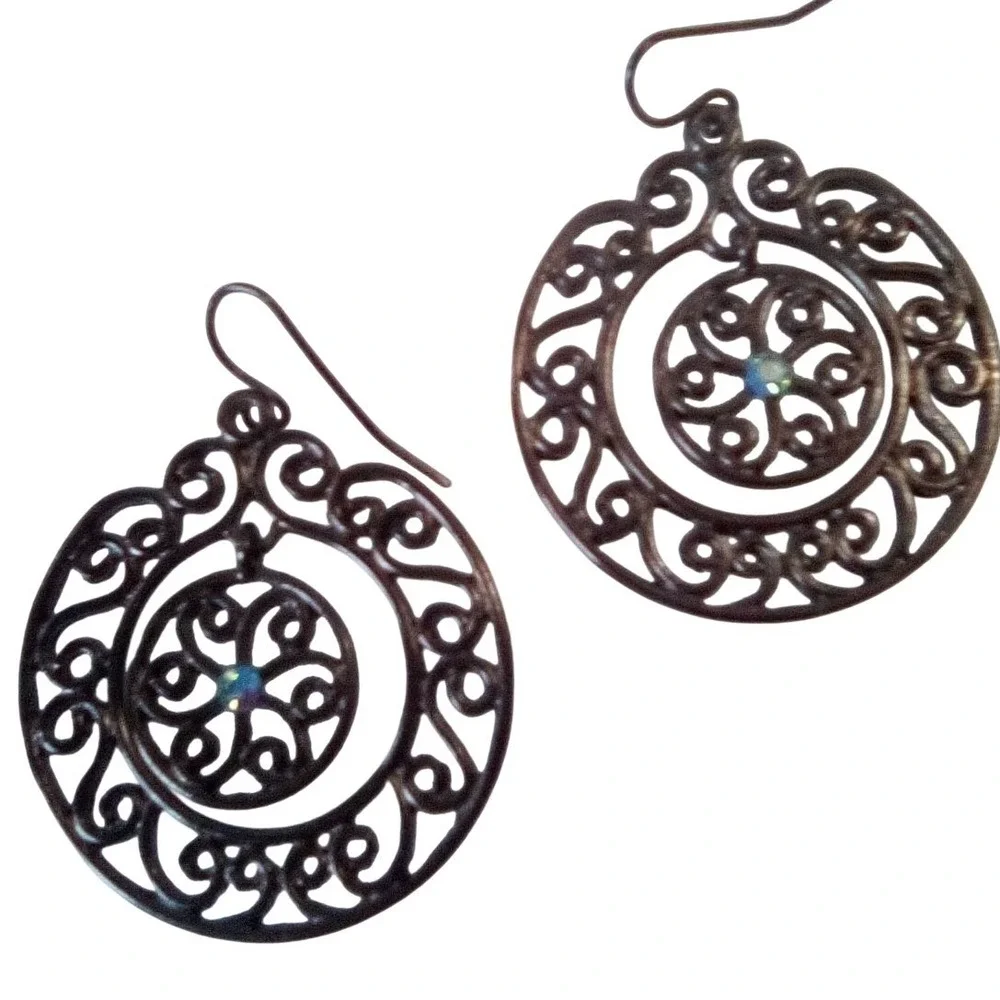 Antique Style Filigree Bronze Earrings with Turquoise‎ Center Stone Vintage